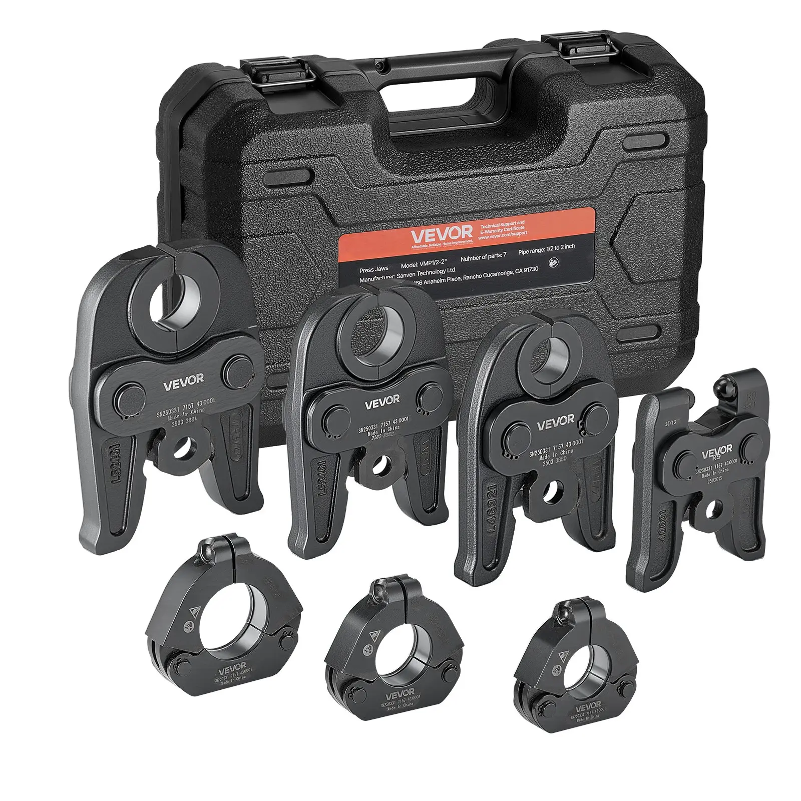 VEVOR 7PCS MegaPress Pressing Kit 1/2 to 2 - 3PCS Press Jaws, 3PCS Press Rings, 1PCS Actuator for MegaPress Carbon Steel Pipes, Compatible with Standard Press Tools - with Case