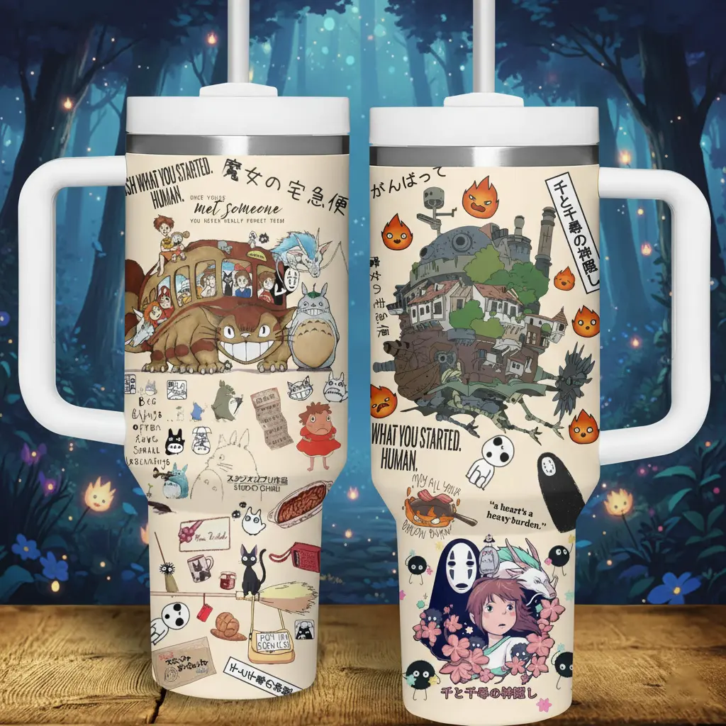 40oz Stainless Steel Insulated Jumbo Tumbler Mug - Studio Ghibli Refillable Drinkware with White Handle, Straw, Leak-Proof Lid, Totoro/Howl's Moving Castle/Spirited Away Designs, Portable Smoothie Flask, Perfect Fan Gift, Insulation, Reusable, Water Bottl
