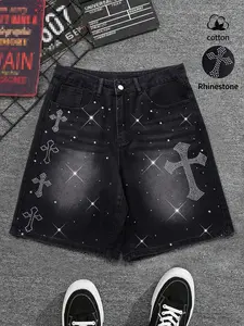 Men's Rhinestone Denim Bermuda Shorts, Loose-Fit Mid-Waist Street Style, Multi-Pocket Design, Casual Y2K Fashion, Knee-Length