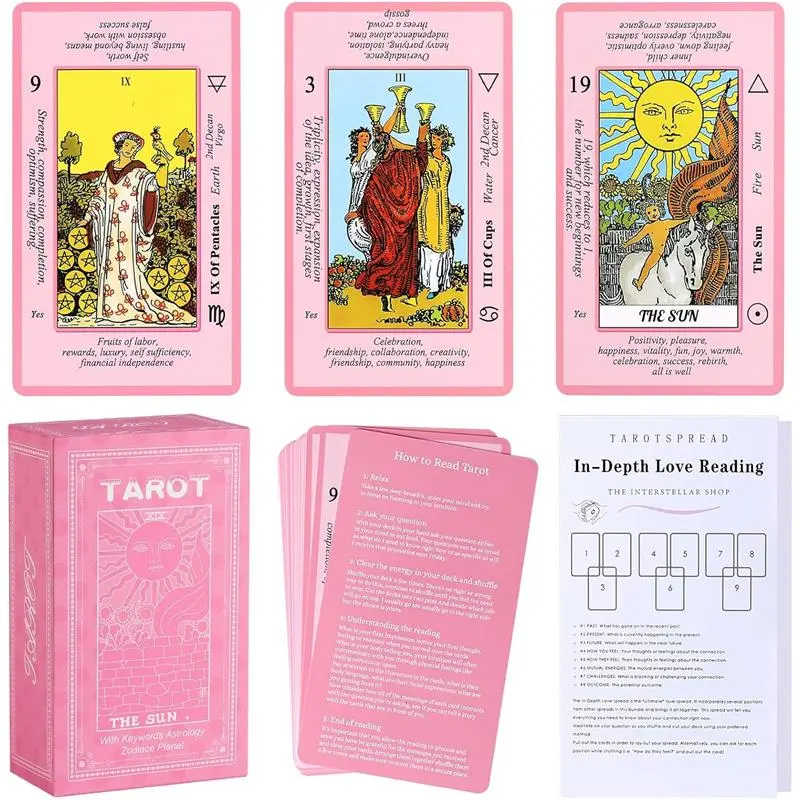 Pink Tarot Cards Deck Set for Beginners with Meanings On Them-Tarot Card with Guidebook-(Free Velvet Tarot Bag Pouch)
