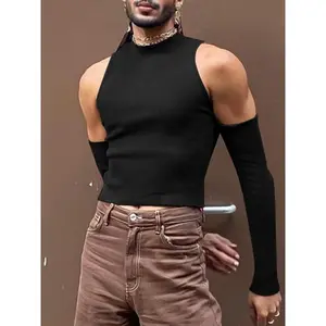 Men's Slim Cold Shoulder Mock Neck Crop Tank Top, Vintage 90s Tops, Cut Out Long Sleeve T-shirt for Spring & Fall, Comfort Basic Minimalist Menswear for Daily Wear Casual Black Socks Beige