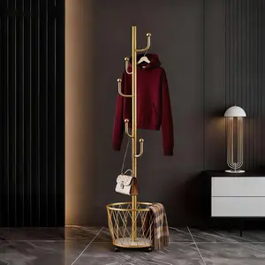 Metal Coat Rack Stand with Shelf and 6 Hooks, Adjustable Height Freestanding Coat Hanger for Entryway, Gold