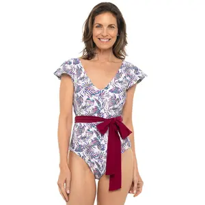 Women's Coconut Grove Flutter Sleeve Swimsuit | Magnolia Pink Beach Leaves