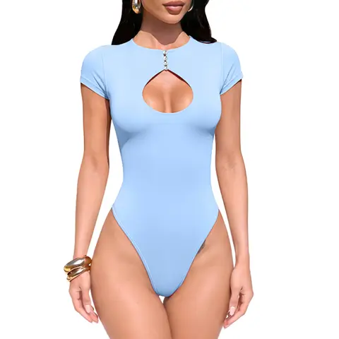 OQQ Women's Short Sleeve Cutout Bodysuit, Button Front Crew Neck Slim Fit Thong Bodysuit Top for Going Out, Casual, Clubwear