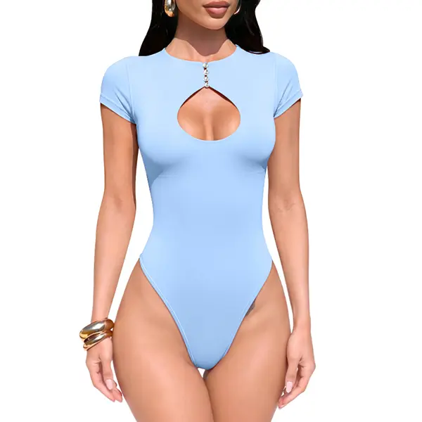 OQQ Women's Short Sleeve Cutout Bodysuit, Button Front Crew Neck Slim Fit Thong Bodysuit Top for Going Out, Casual, Clubwear