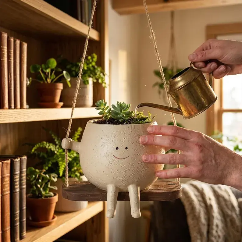 Small White Smile Face Hanging Swing Vase - Compact Hanging Basket, High-Quality Succulent/Cactus Plant Holder, Easy-to-Clean, Holds Plants, Bedroom & Indoor-Outdoor Home Decor, Hanging Baskets