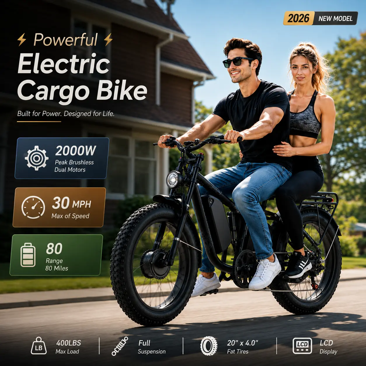 ORZEL K17  Electric Mountain Ebike, 2000W Dual Brushless Motors, 48V 25Ah Removable 80-mi Battery, Full Suspension, 24*4.0 Wide Tires, Adult Detachable Design