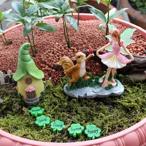 7-Piece Lucky Clover Fairy & Squirrel Set, Dancing Fairies, Fantasy Scene Decoration, Decorative Home Ornament, Bonsai Statue, Resin Craft
