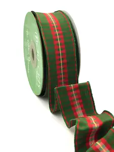 1.5″ Modern Green & Red Holiday Check Wired Ribbon