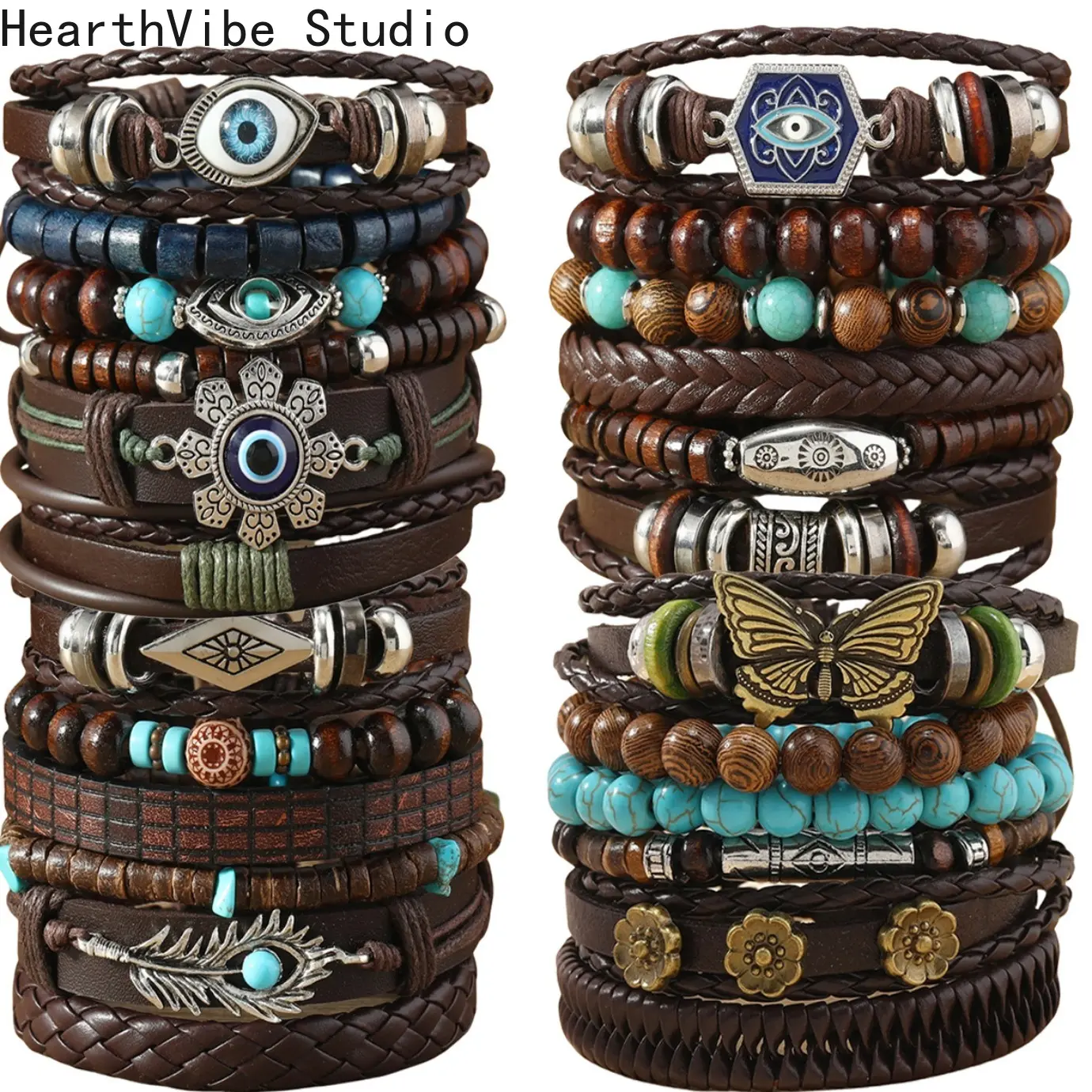 24pcs Retro Buffalo Head Turquoise Cowrie Wood Bead Bracelet Set - Brown Faux Leather with Star, Feather Pendants, Exquisite High-Quality Bracelet, Sporty Sports Wristbands, Ideal Gift for Friends, Outdoor Accessory, Exquisite Bracelet