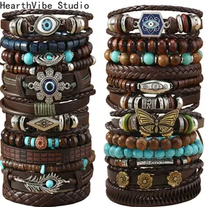 24pcs Retro Buffalo Head Turquoise Cowrie Wood Bead Bracelet Set - Brown Faux Leather with Star & Feather Pendants, Ideal Gift for Friends, Daily Occasion, Campus Event, Everyday Bracelet | Retro Style Bracelet | Durable Faux Leather Bracelet