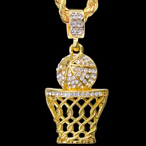 BASKETBALL HOOP RIM ICED CUBIC ZIRCONIA SPORTS CHARM PENDANT & 18" 20" 24" ROPE CHAIN NECKLACE JEWELRY ACCESSORY