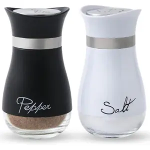 Salt and Pepper Shakers Set - Salt Containers for Gifts, Kitchen Decor, Home, RV, Camp, BBQ, 4 oz Farmhouse Spice Dispenser with Glass Bottom, Black and White, Set of 2