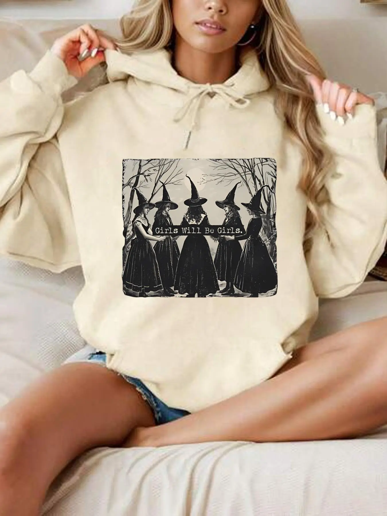 Women's Halloween Themed Witch Print Drop Shoulder Hoodie, Fashion Casual Drawstring Pocket Hooded Sweatshirt for Daily Holiday Outdoor Wear, Women Clothing for Fall & Winter