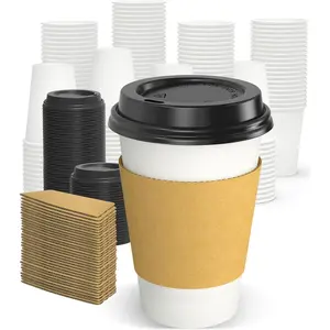 100 Pack 12 oz Disposable Coffee Cups with  and Sleeves, Sturdy Thick Paper & Leak-free Insulated to Go Paper Hot Coffee Cups with Sip  for Hot & Cold Beverage