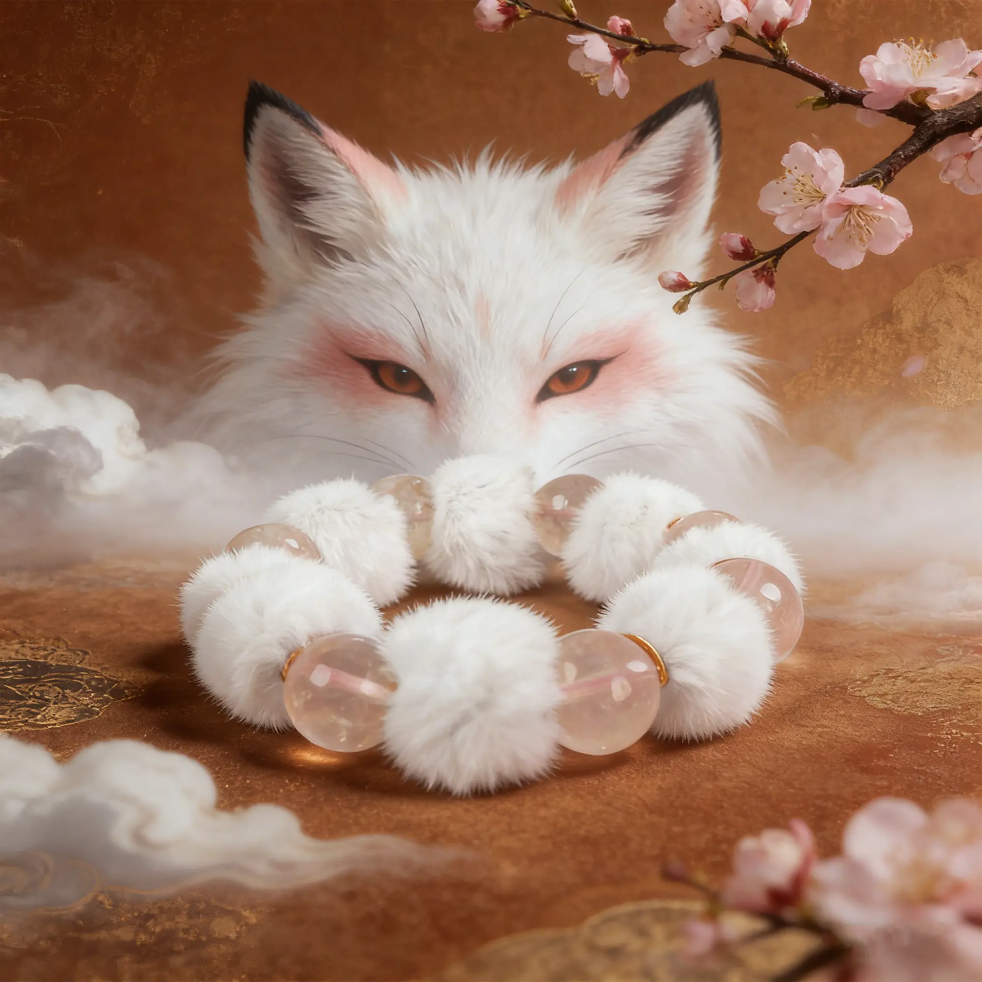 LUMAWU 14mm Pink Quartz 9-Tailed Fox Fairy Bracelet, Plush Charm Bracelets & Bangles, Casual Fashion Accessory with Stress Relief, Attracts Love & Charm