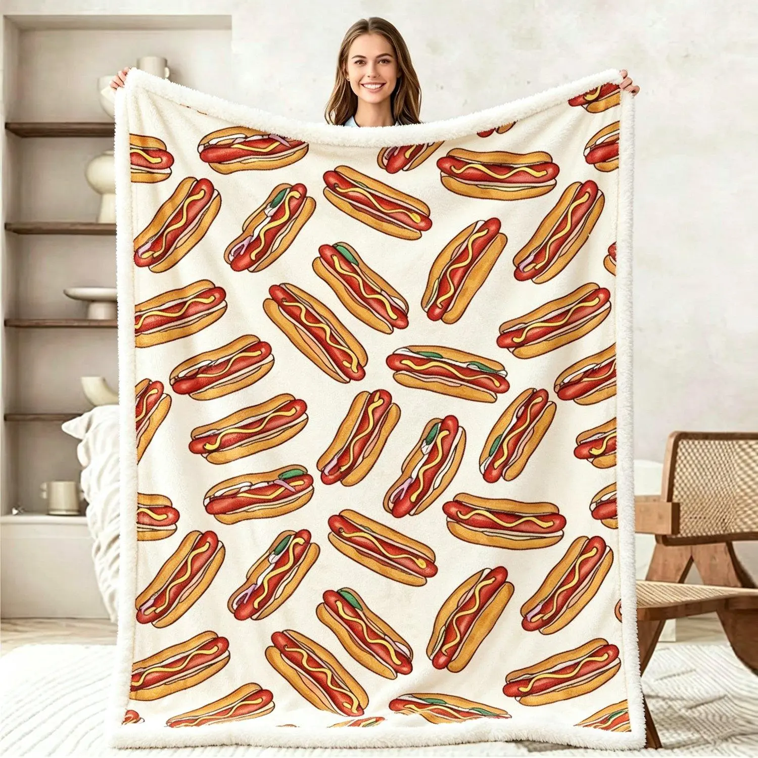 Hot Dog Print Throw Blanket Cute Sausage Fast Food Pattern Soft Flannel Cozy Blanket For Couch Bed Food Fan Gift
