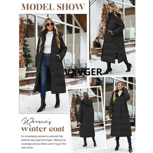 Women Long Puffer Down Coat Thickened Quilted Padded Jacket Winter Warm Zip Parka Removable Hood Buttoned Slit Hem