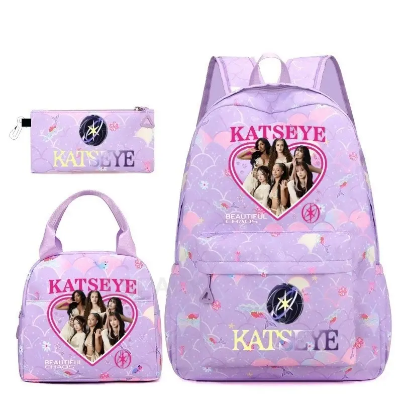 KATSEYE 3pcs Purple Backpack Set - Heart Print School Bag with Lunch Bag & Pencil Case