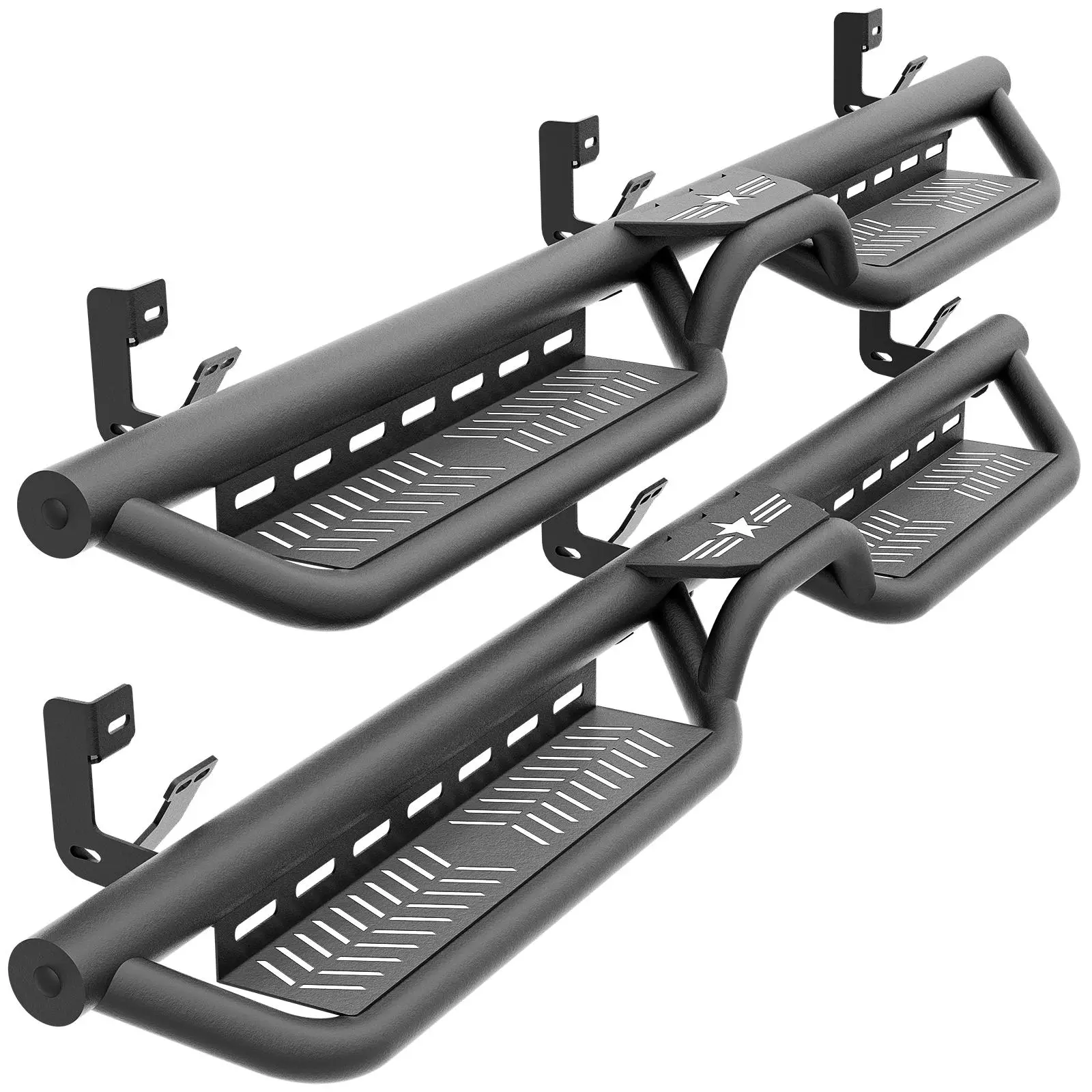 【Yzona】Quad Cab Running Board Side Step Compatible for 2009-2018 Dodge Ram 1500 (Included 2019-2024 1500 Classic), 2010-2026 Ram 2500 3500 Double/Extended Cab, Two Stair Rail Nerf Bar Star Logo, 2 Side Bars, 6-Inch Drop-Down Step Pads, Carbon Steel