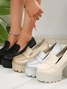 Round Toe Platform Block Heels Pumps Elegant