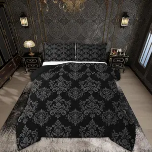 Damask Pattern Comforter Set Black Gothic Floral Print Bedding Set for Kids Boys Girls Vintage Damask Floral Duvet Quilt Bedroom Decor Microfiber