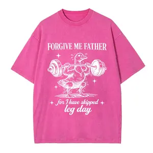 "Forgive Me Father For I Have Skipped Leg Day" Washed Pink Oversized T-Shirt - Funny Gym Tee Vintage Washed "Forgive Me Father" Lifting Duck Graphic Tee - Humorous Fitness Streetwear