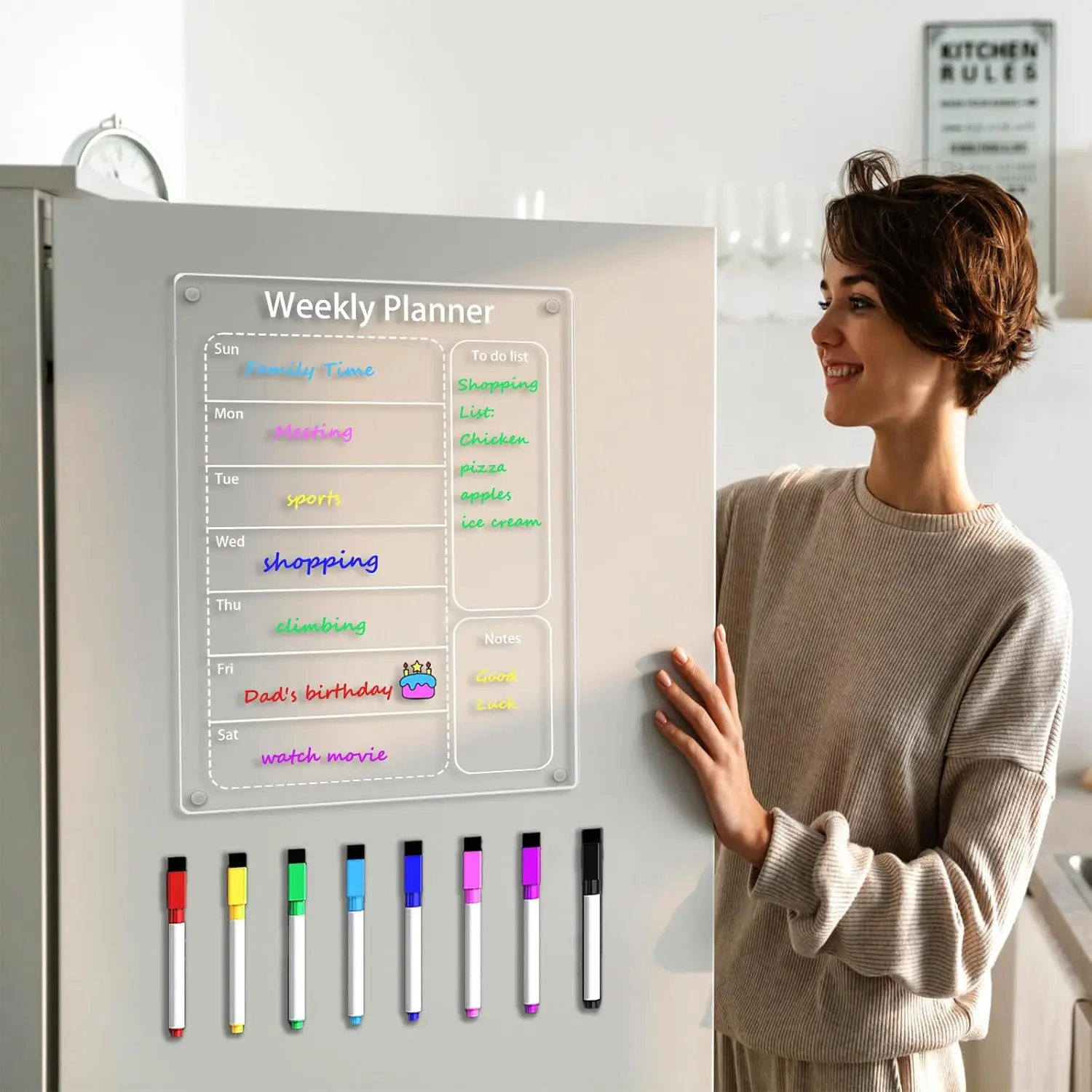Acrylic Weekly Magnetic Calendar ,Dry Erase Calendar Planning Board,Magnetic Weekly Planner for Fridge,Meal Planner menu Board 8 Color Markers