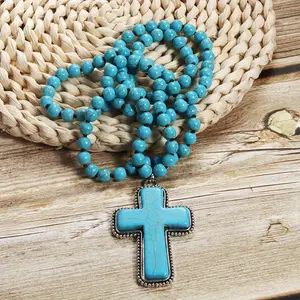 1Pc Fashionable Bohemian Style Natural Stone Cross Pendant Necklace Sweater Chain, retro Fashion, perfect for Gifting