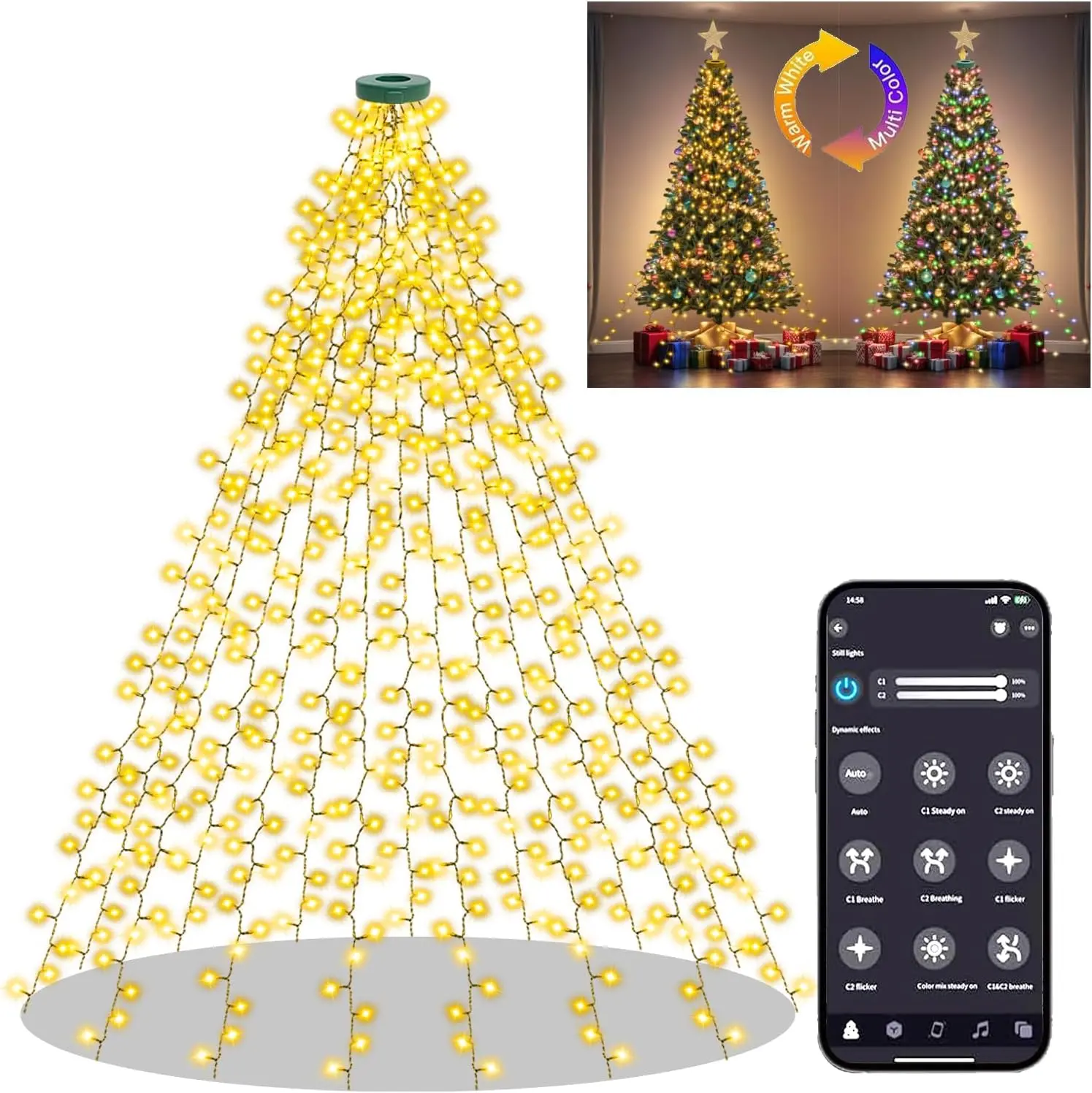 ( Christmas in July ) Smart Christmas Tree Lights with Ring APP Control Music Sync 6.56Ft x 16 Lines String 400 LED Indoor Outdoor 17 Modes Multicolor Timing for Christmas Tree Decorations