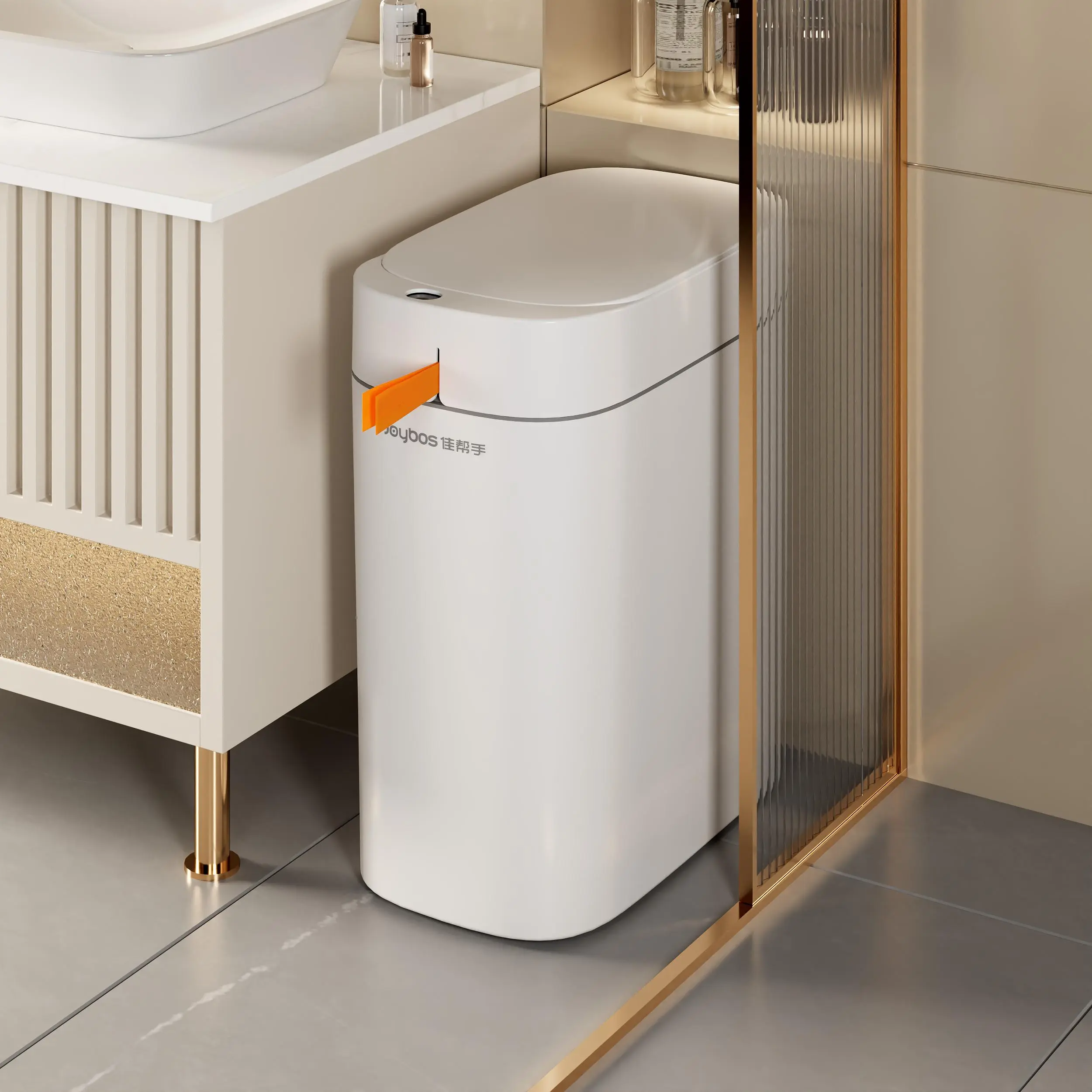Joybos Rechargeable Motion Sensor Bathroom Trash Can with Lid - Auto-Adsorption Slim Smart Bin, Bathroom Accessories, Auto Sensor Indoor Recycling Bins (Charging Cable & Batteries Not Included) for Home Office