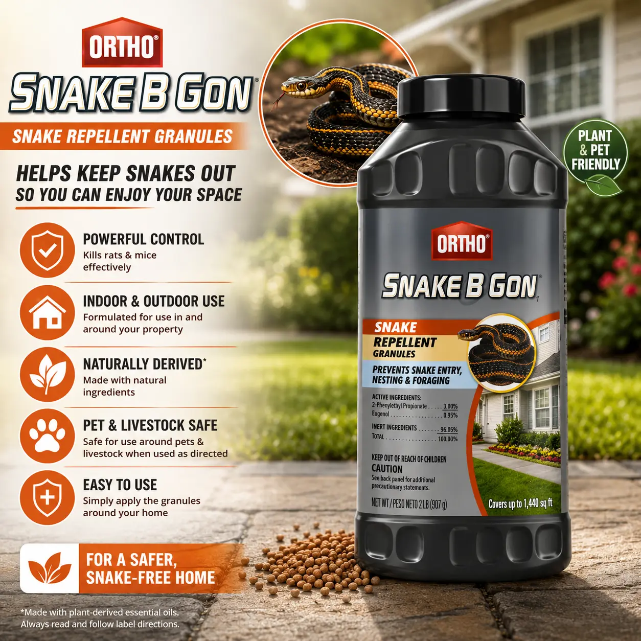 Ortho Snake B-Gon Snake Repellent Granules, No-Stink Formula, Covers Up to 1,440 sq ft, 2 lb