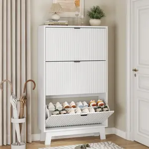 Shoe Cabinet Storage for Entryway with 3 Flip Drawers, Fluted Narrow Shoe Organizer with Wooden Legs, Freestanding Slim Shoe Storage Hidden Shoe Rack Organizer for Front Door Entrance, Hallway
