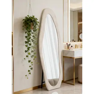 Summervibes 63"x24" Full Length Mirror, Flannel-Wrapped Wooden Frame, Irregular Wavy Design, Shatterproof Tempered Glass, White Home Decor for Bedroom, Living Room Decor
