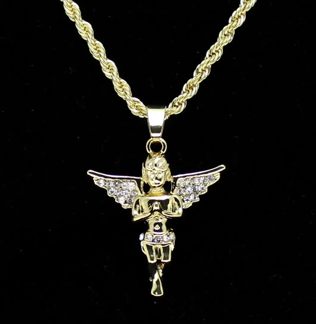MaxBling81 Baby Angel Pendant Necklace (28x28mm), Silver-Plated Metal Coating Hip Hop Jewelry, Cubic Zirconia Accent, Includes 3mm 24-Inch Rope Chain, Cubic Zirconia Stone, No Warning Applicable