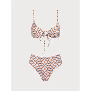 SAMIOL Orange Geometric Wave Print Bikini Set Bikini Minimalist Casual Style High Cut Leg Anti Slip Inner Pad Body Shaping Comfort Fit Female Resort Beach Leisure Costume