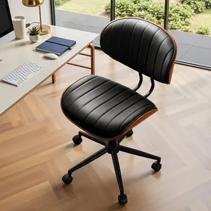 CAODOC Armless Office Chair with Wheels, PU Leather Adjustable Height Desk Chair - 360° Swivel Ergonomic Computer Chair for Small Space, Modern Walnut Style, Home & Meeting Room