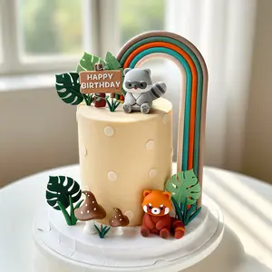 Small Panda Raccoon Forest Cake Decoration Set, Birthday Baking Decorations, Jungle Theme Baby Birthday Dessert Table Decor