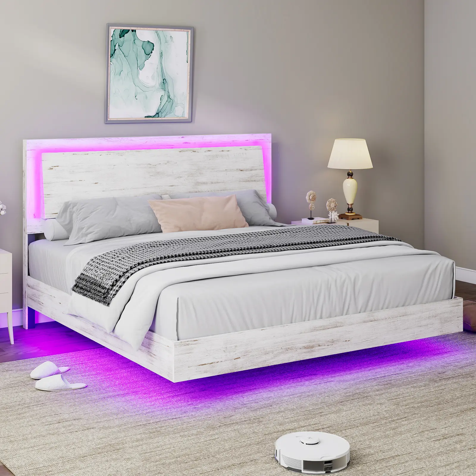 Amerlife Sturdy Modern Wooden Headboard Wood Floating Bed Frame with LED Light, Slats Support Queen Bed Frame, No Box Spring Needed, Noise-Free, Easy Assembly, Christmas Gift Idea, Sturdy Bed Frame