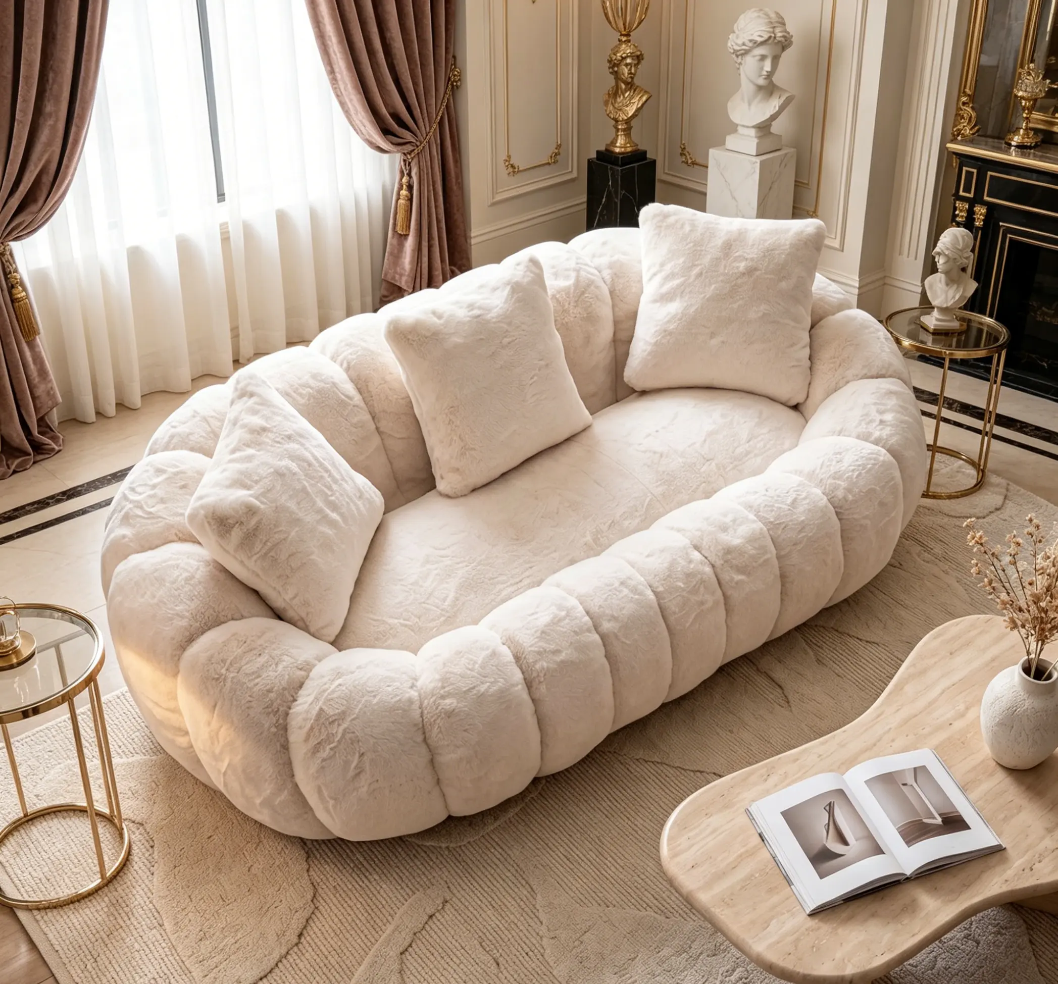 2-Seater Flower-Shaped Ultra-Soft Faux Fur Sofa, Black Large Indoor Living Room Couch