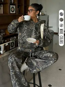 Women's Casual Fashion Camouflage Hooded Long Sleeves Sweatshirt & Elastic Waist Wide Leg Pants Set, Fall Winter All over Print Loose Fit