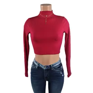 Ribbed Crop Top bozzolo shirts crop tops long sleeved neck Women Basic Cotton Casual Fit