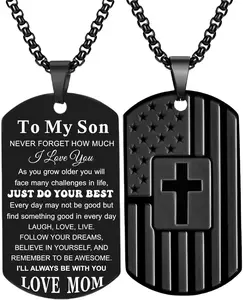 To My Son Necklace from Mom Dad, Dog Tag Cross Necklace for Men, American Flag Birthday Christmas Gifts for Son in Law Grandson Daughter Granddaughter Family Jewelry
