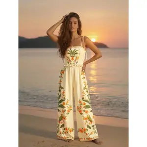 Women's printed jumpsuit with floral pattern and waistband design, the perfect choice for vacation and casual wear, fashionable and completeRAIMENTRY
