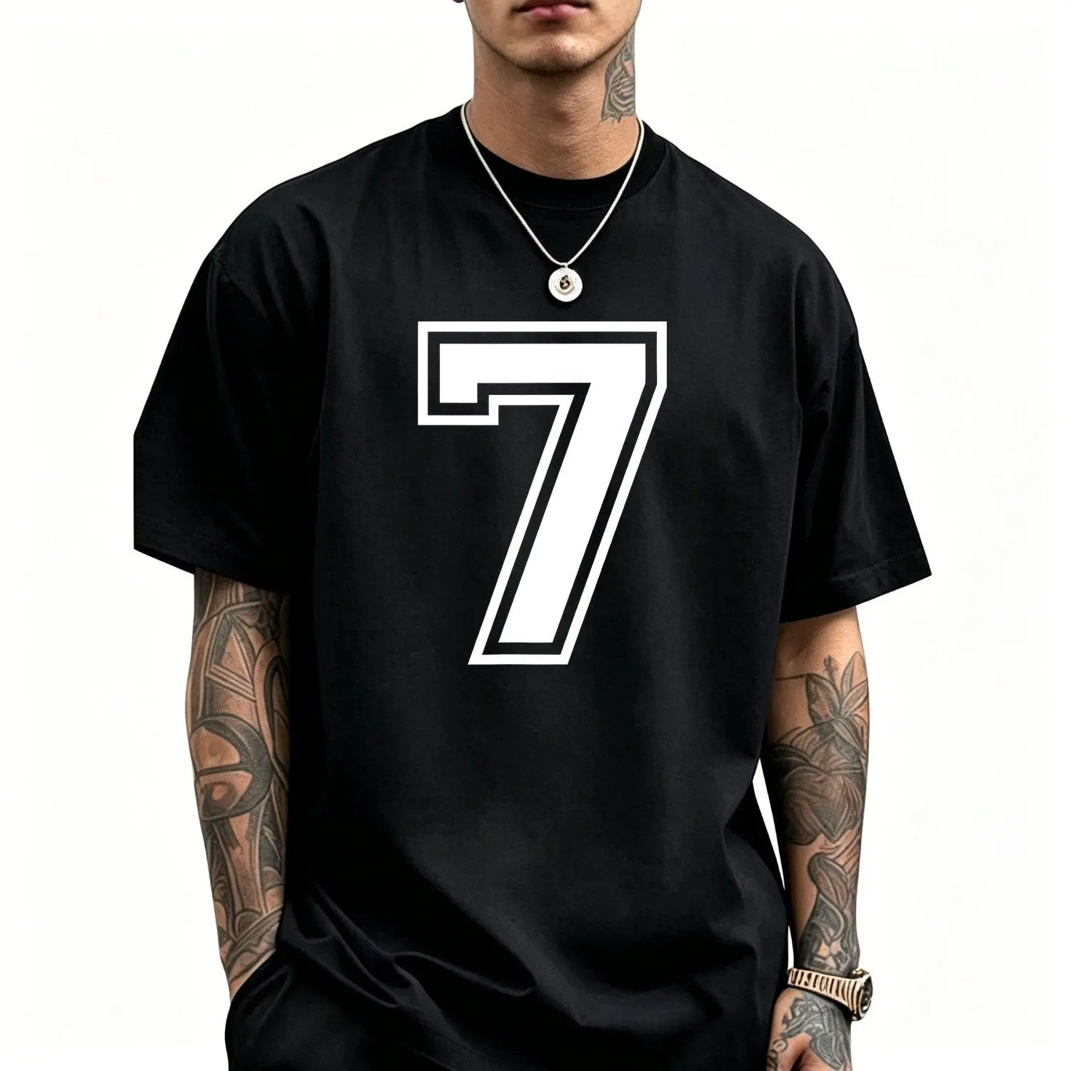 Men's 7 Number Team Sports Graphic Varsity Short Sleeve Athletic Performance T-Shirt - Combed Cotton, Relaxed Fit, Breathable, Double Stitched, Machine Washable Short Sleeve Tops, Outdoor Wear