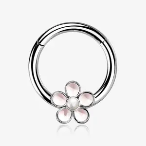 Adorable Pearlescent Flower Clicker Hoop Ring 316L Stainless Steel 16GA Septum Ear Cartilage Piercing Jewelry