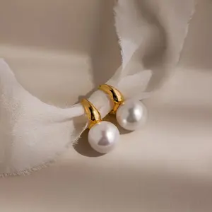 Dome Pearl Huggies by Caitlyn Minimalist - Chunky Pearl Drop Earrings - Birthstone Hoop Earrings - Bridal Jewelry - New Mom Gift
