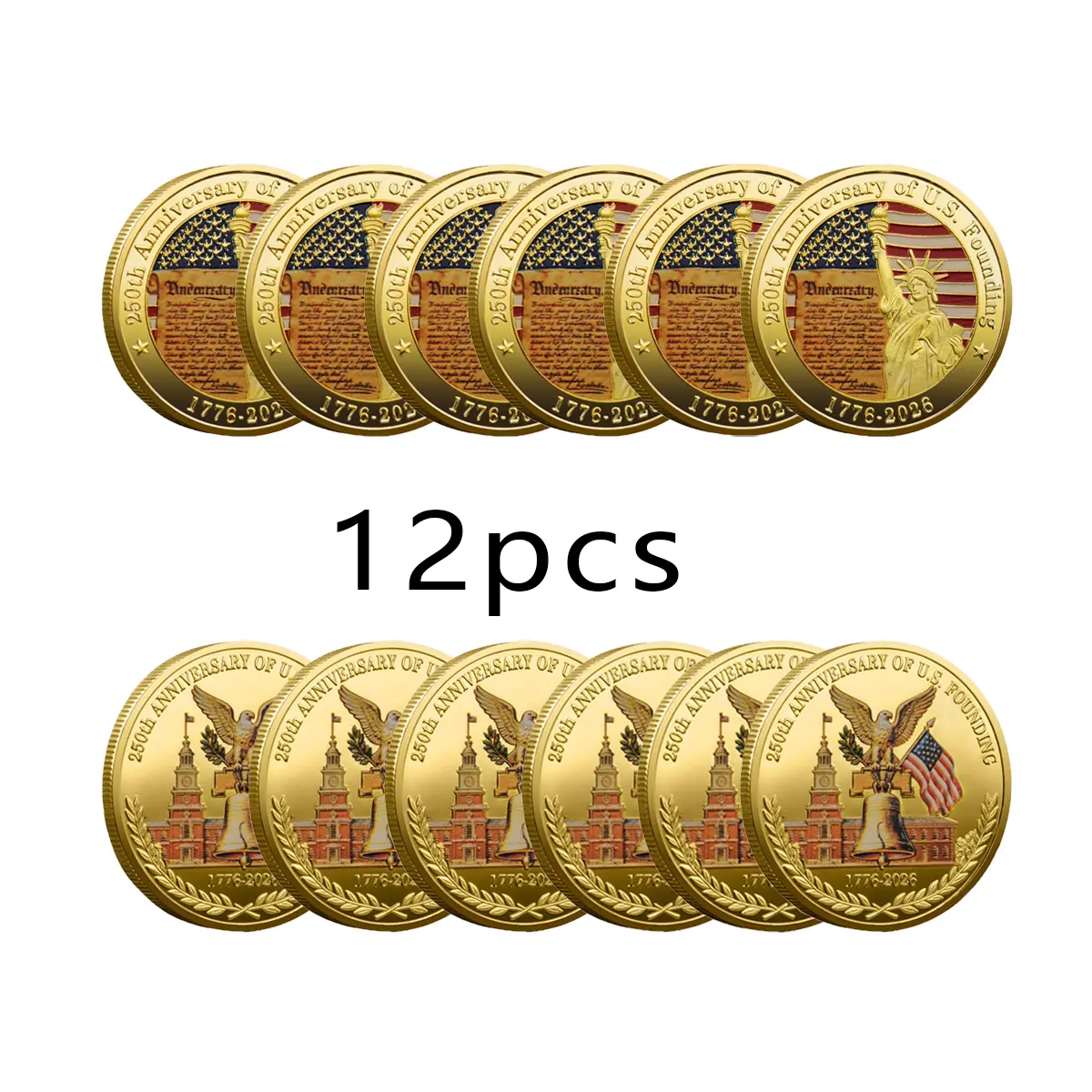 12PCS USA 250th Anniversary (1776-2026) Patriotic Commemorative Collectible Challenge Coins with Antique Finish Edge, Independence Day & Birthday Meaningful Gift for History Enthusiasts (Home, Festive Party Supplies) - Patriotism, High-Resolution Coloring