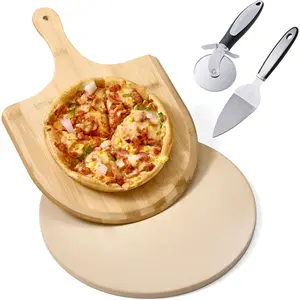 13 Inch Cordierite Pizza Stone 4- Set for Oven & Grill - Round Baking Stone with Wooden Peel, Roller  & Mini Cake Shovel