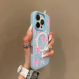 Pink bow, simple macaron color skin feeling jelly two-in-one magnetic wireless charging mobile phone case, suitable for iPhone17/16/15/14/13/12/11 and other models